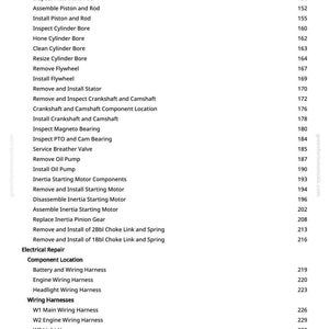 May include: A page from a greenfarmmanuals.com manual, listing engine repair procedures. The text includes steps like "Install Valve" and "Remove Piston, Rings and Rod", with corresponding page numbers.