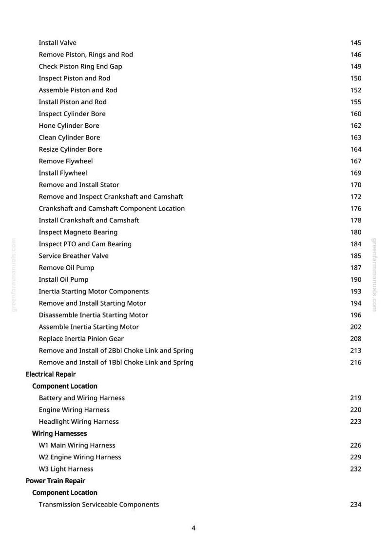 May include: A page from a greenfarmmanuals.com manual, listing engine repair procedures. The text includes steps like "Install Valve" and "Remove Piston, Rings and Rod", with corresponding page numbers.
