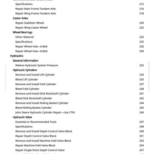 May include: A white page with a detailed table of contents for a manual. The text includes sections on wheels, axles, hydraulics, and diagnostic codes. Page numbers are listed on the right side.