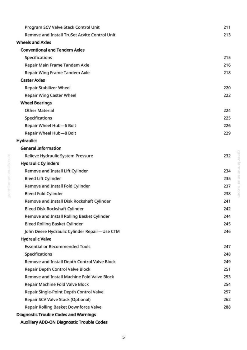 May include: A white page with a detailed table of contents for a manual. The text includes sections on wheels, axles, hydraulics, and diagnostic codes. Page numbers are listed on the right side.