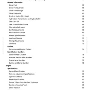 May include: A white page from a manual with a table of contents. The text includes topics like "Diesel Fuel", "Engine Oil", and "Lubricant Storage". Page numbers are listed on the right side.
