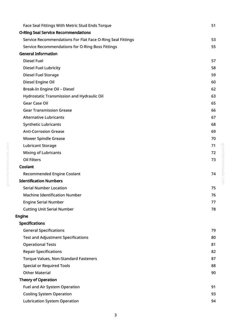 May include: A white page from a manual with a table of contents. The text includes topics like "Diesel Fuel", "Engine Oil", and "Lubricant Storage". Page numbers are listed on the right side.