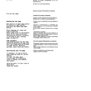 Peut inclure: Un sch&eacute;ma technique en noir et blanc avec des instructions pour l'entretien de la pompe &agrave; carburant. Le texte comprend les &eacute;tapes pour retirer, v&eacute;rifier et remettre en place la pompe de levage de carburant, avec des sch&eacute;mas et des num&eacute;ros de pi&egrave;ces.