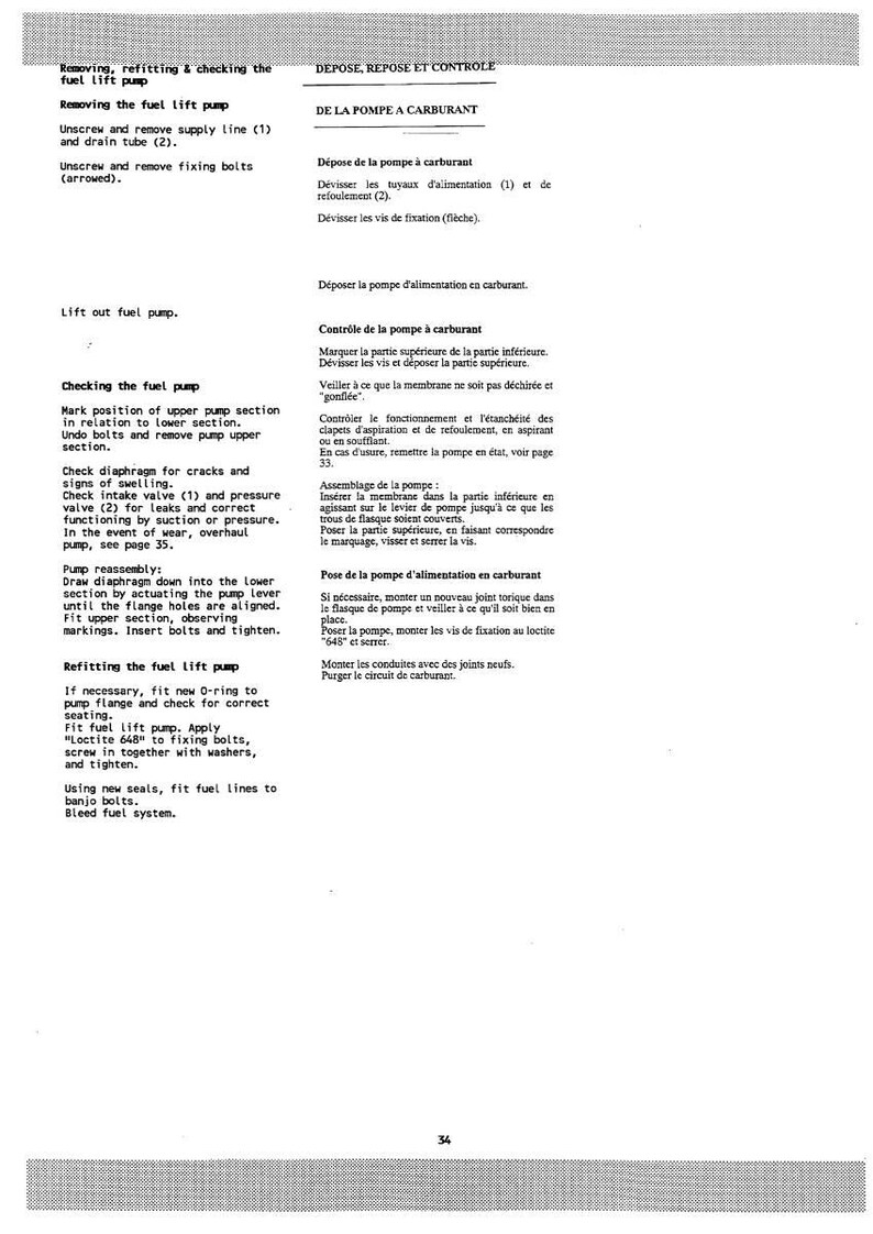 Peut inclure: Un sch&eacute;ma technique en noir et blanc avec des instructions pour l'entretien de la pompe &agrave; carburant. Le texte comprend les &eacute;tapes pour retirer, v&eacute;rifier et remettre en place la pompe de levage de carburant, avec des sch&eacute;mas et des num&eacute;ros de pi&egrave;ces.