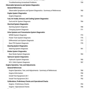 May include: A page from a manual with a table of contents. The text includes diagnostic display messages, engine system diagnostics, and electrical system diagnostics. Page numbers are listed on the right side.