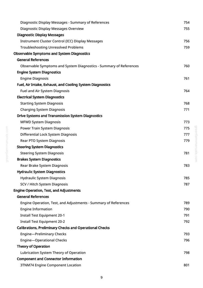May include: A page from a manual with a table of contents. The text includes diagnostic display messages, engine system diagnostics, and electrical system diagnostics. Page numbers are listed on the right side.