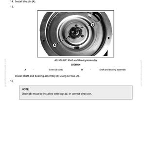 May include: Diagram of a shaft and bearing assembly with labels A and B, and a detailed view of the components. Text instructions include steps for installation and a note about chain alignment.