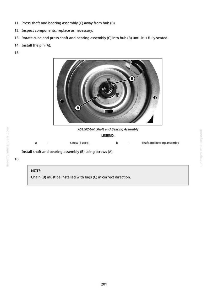 May include: Diagram of a shaft and bearing assembly with labels A and B, and a detailed view of the components. Text instructions include steps for installation and a note about chain alignment.