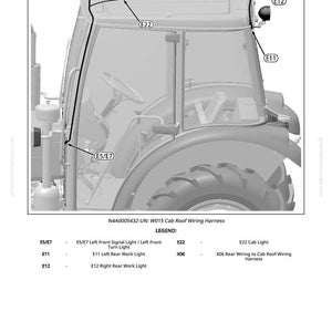 May include: Detailed diagram of a tractor cab roof wiring harness, featuring labels for lights and wiring. Text includes: N4A0005432-UN: W015 Cab Roof Wiring Harness. The diagram highlights components E5/E7, E11, E12, E22, and X06.