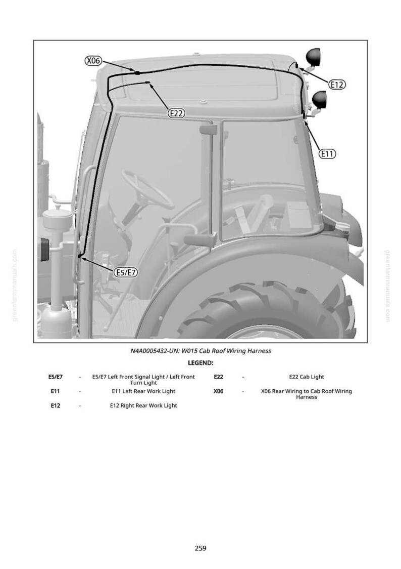 May include: Detailed diagram of a tractor cab roof wiring harness, featuring labels for lights and wiring. Text includes: N4A0005432-UN: W015 Cab Roof Wiring Harness. The diagram highlights components E5/E7, E11, E12, E22, and X06.