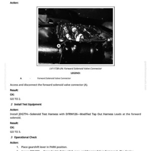 May include: Black and white image detailing a PTR - Forward Solenoid Circuit Test. The image shows a diagram of a forward solenoid valve connector and instructions for testing. Text includes "Access Component to Be Tested" and "Install Test Equipment."