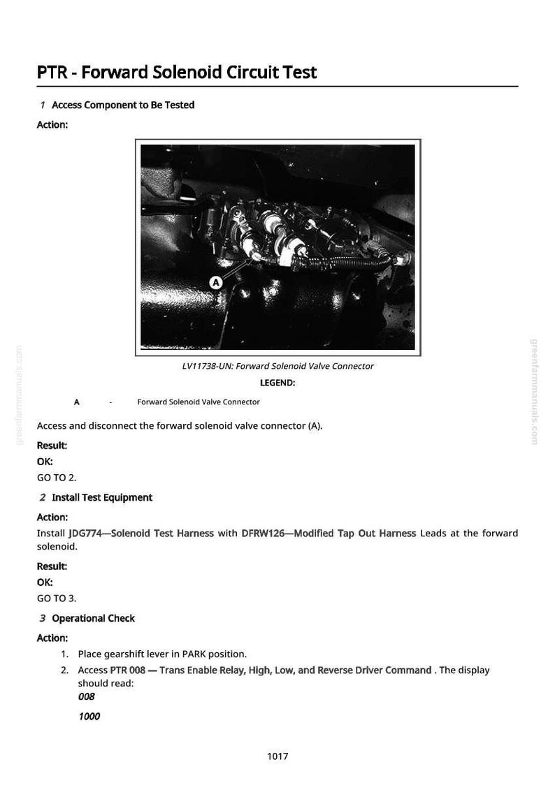 May include: Black and white image detailing a PTR - Forward Solenoid Circuit Test. The image shows a diagram of a forward solenoid valve connector and instructions for testing. Text includes "Access Component to Be Tested" and "Install Test Equipment."