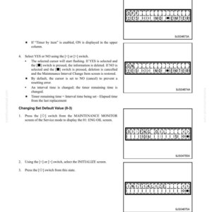 May include: A page from a machine monitor system manual, with instructions on testing and adjusting settings. The text includes steps for using switches and selecting options, with diagrams showing display outputs. The page also includes the text "Changing Set Default Value".
