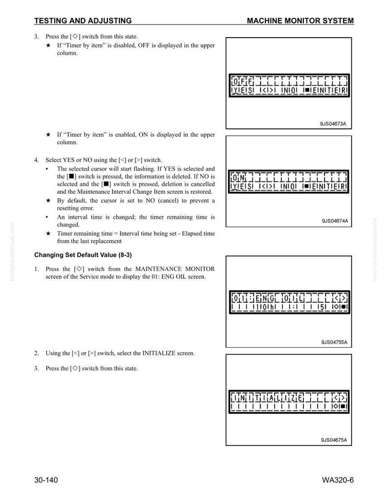 May include: A page from a machine monitor system manual, with instructions on testing and adjusting settings. The text includes steps for using switches and selecting options, with diagrams showing display outputs. The page also includes the text "Changing Set Default Value".