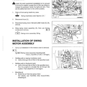 May include: A technical diagram from a manual detailing the disassembly and assembly of a swing motor. The image includes text instructions, diagrams of components, and specifications such as bolt torque and oil capacity.