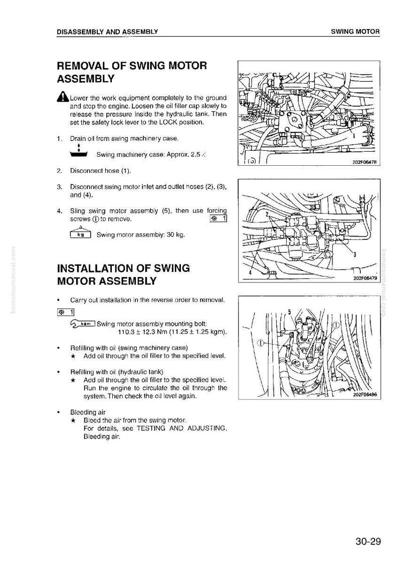 May include: A technical diagram from a manual detailing the disassembly and assembly of a swing motor. The image includes text instructions, diagrams of components, and specifications such as bolt torque and oil capacity.
