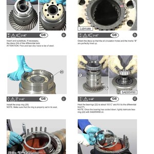 May include: Illustrated assembly guide for a differential unit. The guide shows various steps, including inserting discs, installing snap rings, and lubricating components. Text includes "Insert and substitute" and "SAE85W90".