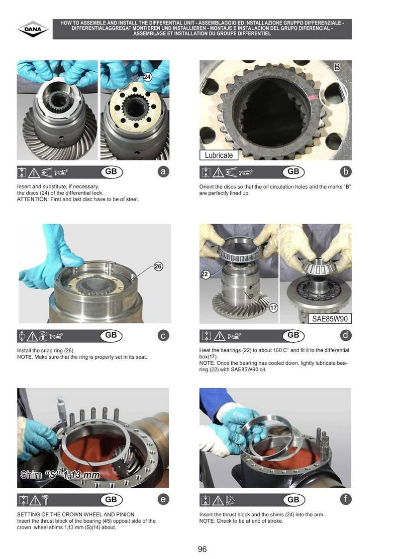 May include: Illustrated assembly guide for a differential unit. The guide shows various steps, including inserting discs, installing snap rings, and lubricating components. Text includes "Insert and substitute" and "SAE85W90".