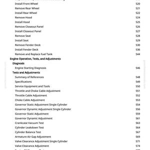 May include: A page from a manual with a table of contents. The text includes sections on engine operation, tests, and adjustments, with specific topics like removing wheels and adjusting cables. Page number 8 is visible.