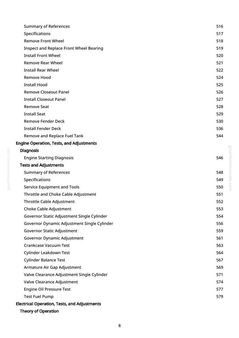 May include: A page from a manual with a table of contents. The text includes sections on engine operation, tests, and adjustments, with specific topics like removing wheels and adjusting cables. Page number 8 is visible.