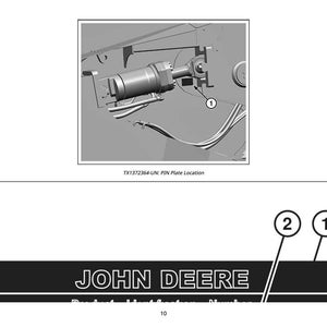 May include: An illustration of a mechanical component with the text "TXT1372364-UN: PIN Plate Location." The John Deere logo is visible below the illustration. Numbered labels point to specific parts.