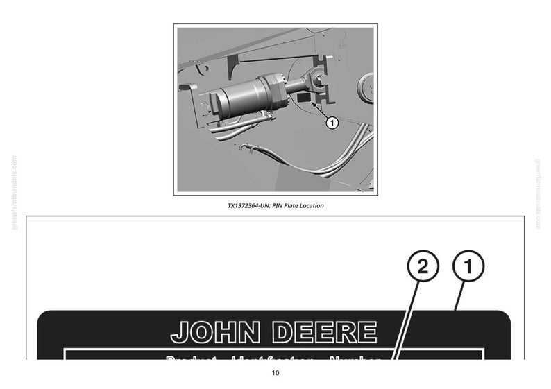 May include: An illustration of a mechanical component with the text "TXT1372364-UN: PIN Plate Location." The John Deere logo is visible below the illustration. Numbered labels point to specific parts.
