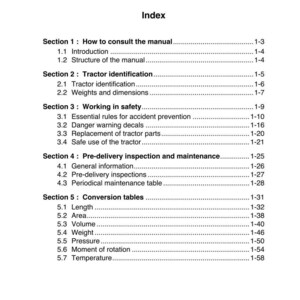 K&ouml;nnte beinhalten: Eine Seite aus einem Handbuch mit dem Titel "Kapitel 1: Einf&uuml;hrung" und einem Inhaltsverzeichnis. Abschnitte umfassen "So konsultieren Sie das Handbuch", "Traktoridentifizierung", "Arbeiten in Sicherheit" und "Umrechnungstabellen".