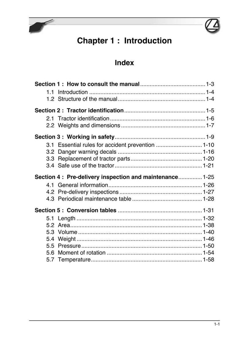 K&ouml;nnte beinhalten: Eine Seite aus einem Handbuch mit dem Titel "Kapitel 1: Einf&uuml;hrung" und einem Inhaltsverzeichnis. Abschnitte umfassen "So konsultieren Sie das Handbuch", "Traktoridentifizierung", "Arbeiten in Sicherheit" und "Umrechnungstabellen".
