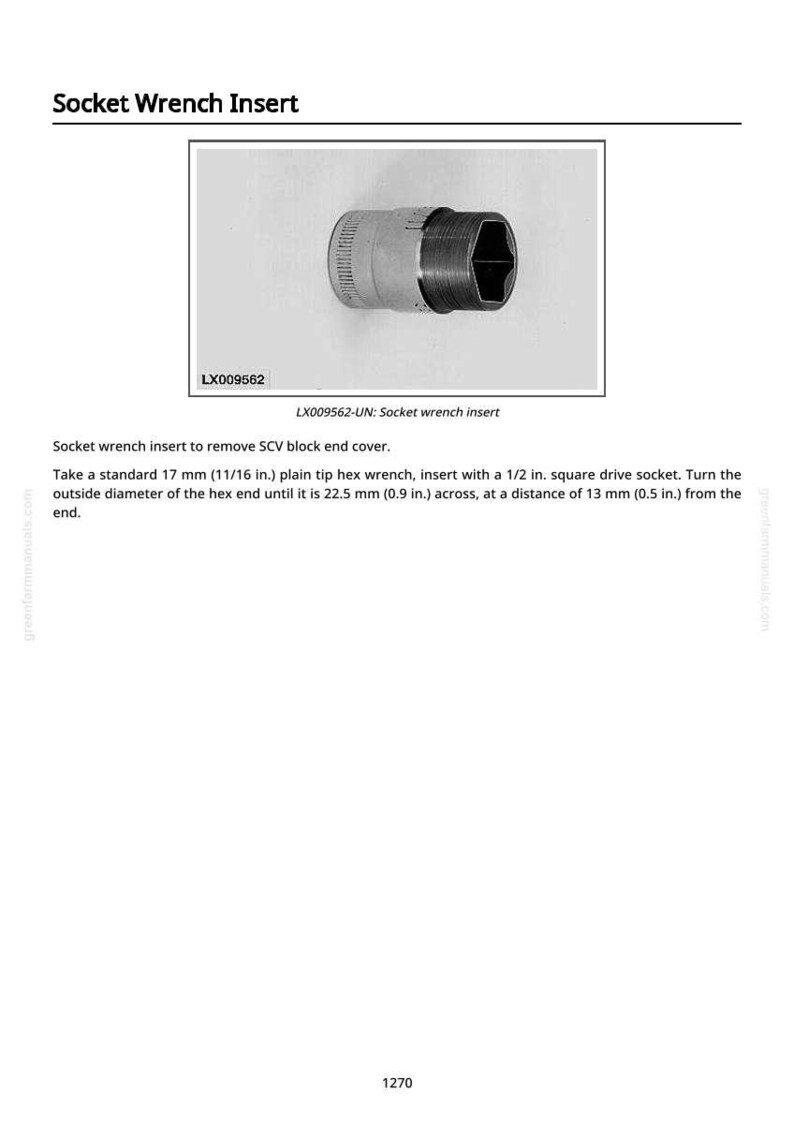 Pu&ograve; includere: Un inserto per chiave a bussola con estremit&agrave; esagonale. L'immagine include il testo "Socket Wrench Insert" e "LX009562-UN: Socket wrench insert". Il testo descrive anche come utilizzare l'inserto, con misure in mm.