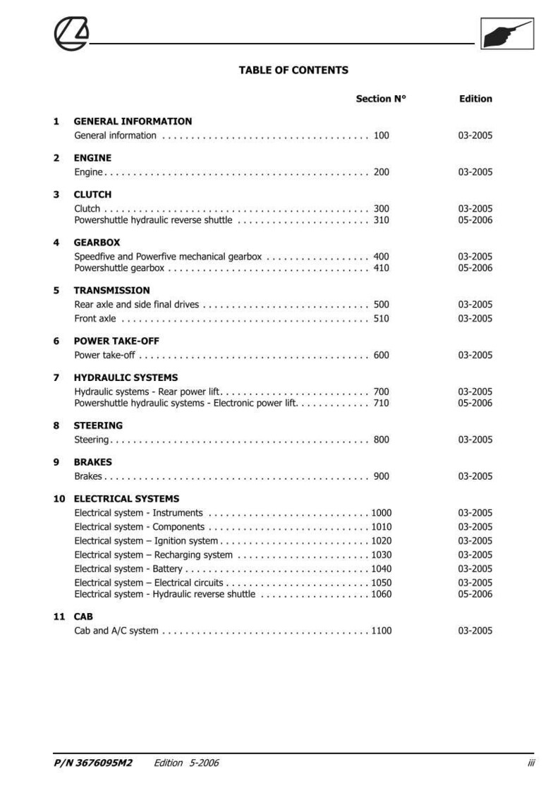 Pu&ograve; includere: Una pagina del sommario di un manuale, che elenca sezioni come Motore, Frizione, Cambio, Trasmissione e Sistemi elettrici. Il documento include numeri di sezione e date di edizione.