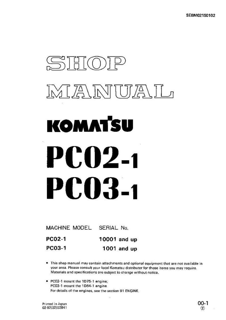 Pode incluir: Manual de oficina para m&aacute;quinas Komatsu PC02-1 e PC03-1. A capa apresenta as palavras "SHOP MANUAL" em uma fonte em negrito e delineada, com o logotipo da Komatsu e os n&uacute;meros do modelo. Documento impresso no Jap&atilde;o.
