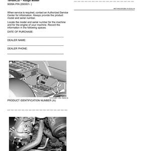 May include: A product identification sheet for a TerrainCut Rough Mower. The document includes sections for recording the date of purchase, dealer name, and dealer phone. It also features diagrams of the mower's components, labeled with letters for identification.