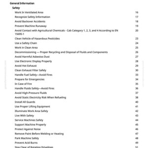 May include: A white page titled "Table of Contents" with a list of safety-related topics. The topics include "Work in Ventilated Area", "Avoid Backover Accidents", and "Handle Fuel Safely-Avoid Fires". The page is from a manual.