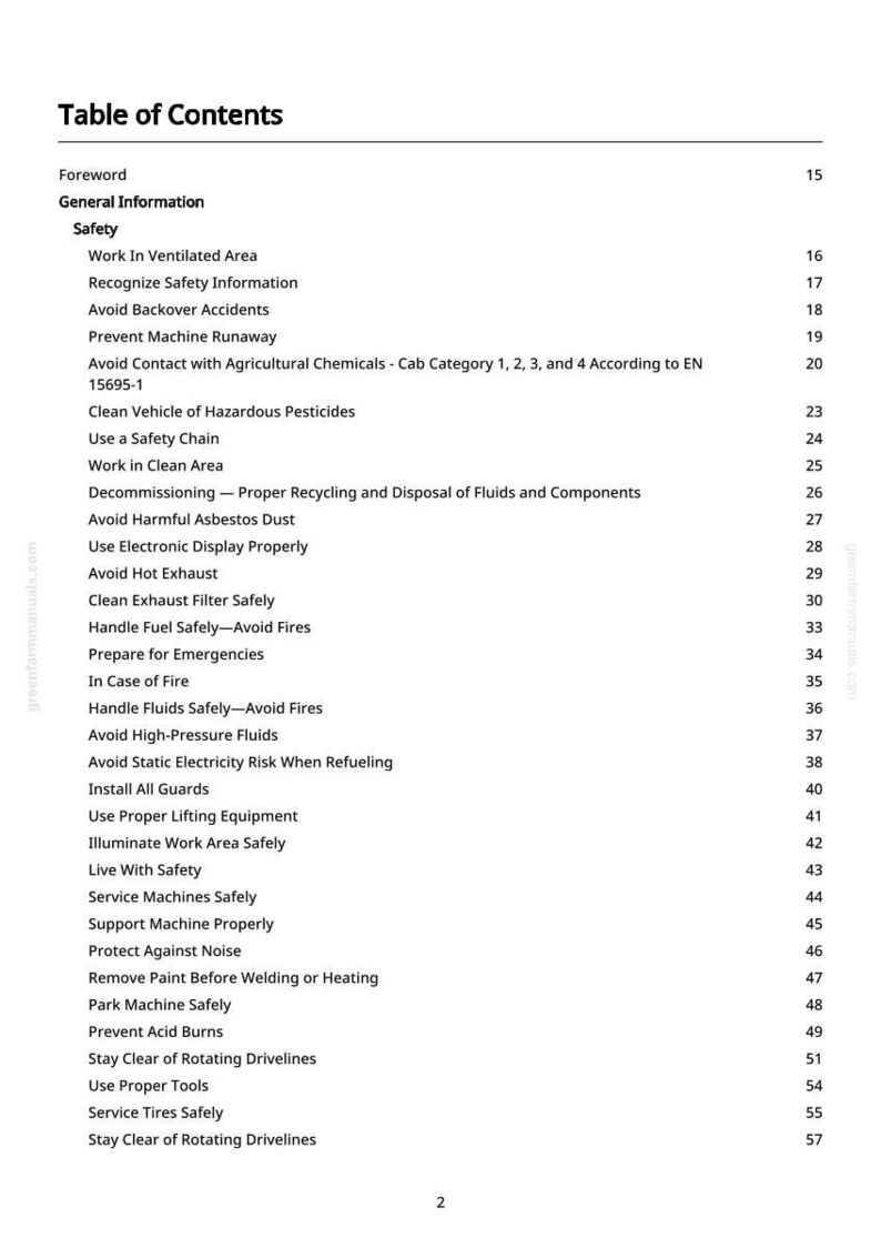 May include: A white page titled "Table of Contents" with a list of safety-related topics. The topics include "Work in Ventilated Area", "Avoid Backover Accidents", and "Handle Fuel Safely-Avoid Fires". The page is from a manual.