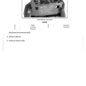 Pode incluir: Imagem a preto e branco de um componente de r&aacute;dio de carro com conectores rotulados de A a E. O texto "LX501462-UN: Connector" &eacute; vis&iacute;vel, juntamente com instru&ccedil;&otilde;es para desconectar e remover o r&aacute;dio. A imagem &eacute; um diagrama t&eacute;cnico.