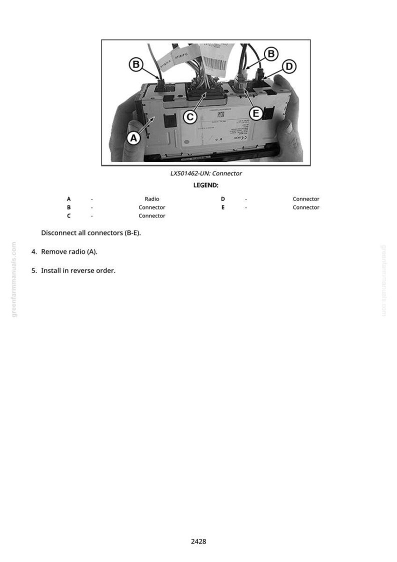 Pode incluir: Imagem a preto e branco de um componente de r&aacute;dio de carro com conectores rotulados de A a E. O texto "LX501462-UN: Connector" &eacute; vis&iacute;vel, juntamente com instru&ccedil;&otilde;es para desconectar e remover o r&aacute;dio. A imagem &eacute; um diagrama t&eacute;cnico.