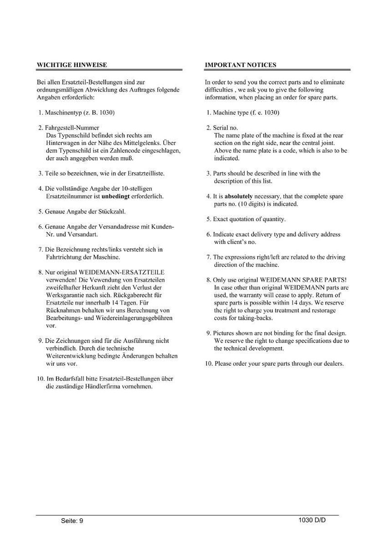 May include: A printed page with German and English text, providing instructions for ordering spare parts. The document includes details on machine type, serial numbers, and part descriptions. The page is white with black text.