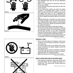 May include: Safety information sheet with diagrams and text. Includes warnings about operating machinery, preventing fires, and ensuring good airflow. Features illustrations of safety precautions and potential hazards.