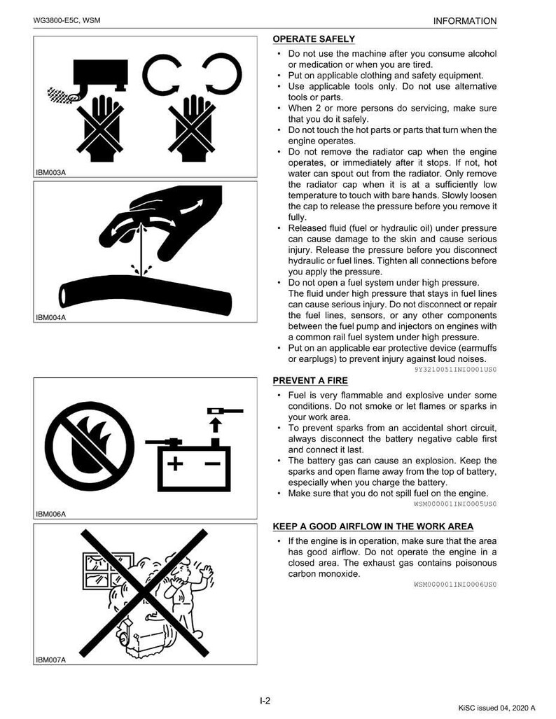 May include: Safety information sheet with diagrams and text. Includes warnings about operating machinery, preventing fires, and ensuring good airflow. Features illustrations of safety precautions and potential hazards.