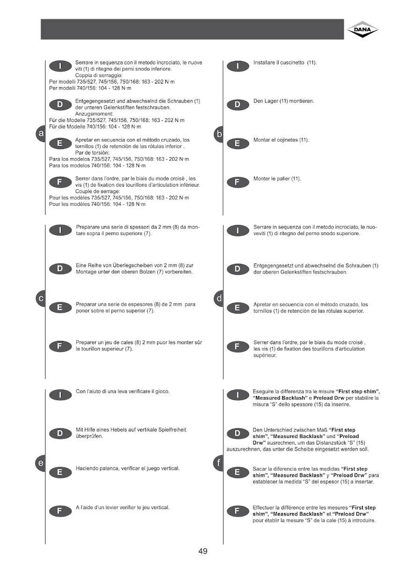 May include: A page from a manual with instructions in multiple languages. The page includes diagrams and text, with measurements in N-m. The DANA logo is visible in the upper right corner. The page is numbered 49.