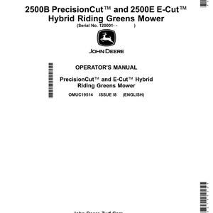 Puede incluir: Un manual del operador blanco para la cortadora de c&eacute;sped h&iacute;brida 2500B PrecisionCut y 2500E E-Cut. El manual John Deere incluye el texto "OMUC19514 ISSUE 18 (ENGLISH)" y el logotipo de John Deere.