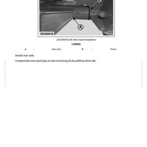 Puede incluir: Diagrama de instalaci&oacute;n del eje trasero, etiquetado ZX1034416, con anotaciones para el eje trasero (A) y las cu&ntilde;as (B). Se incluyen instrucciones para instalar el eje trasero y compensar el juego axial.