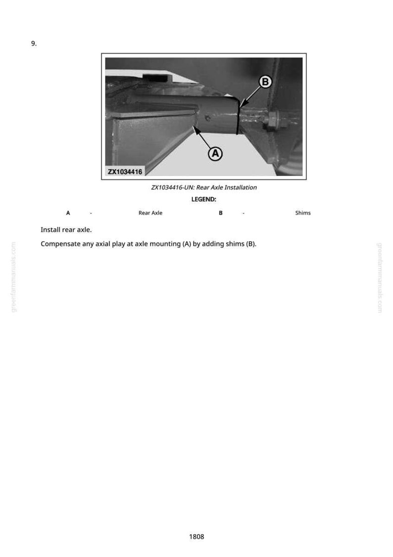 Puede incluir: Diagrama de instalaci&oacute;n del eje trasero, etiquetado ZX1034416, con anotaciones para el eje trasero (A) y las cu&ntilde;as (B). Se incluyen instrucciones para instalar el eje trasero y compensar el juego axial.