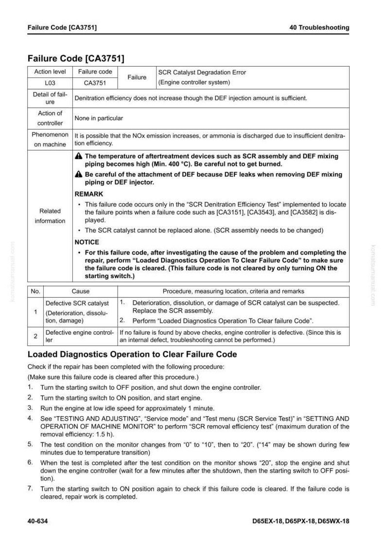 May include: A troubleshooting guide page with the title "Failure Code [CA3751]" and detailed information about the SCR Catalyst Degradation Error. The page includes action levels, failure details, and procedures for clearing the failure code. The document is from komatsumanual.com.