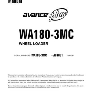 Pode incluir: Um manual de oficina branco com o texto "Shop Manual" no topo. O manual apresenta o logotipo "avance plus" e o texto "WA180-3MC WHEEL LOADER". Os n&uacute;meros de s&eacute;rie WA180-3MC - A81001 e UP tamb&eacute;m s&atilde;o vis&iacute;veis.