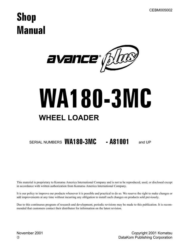 Pode incluir: Um manual de oficina branco com o texto "Shop Manual" no topo. O manual apresenta o logotipo "avance plus" e o texto "WA180-3MC WHEEL LOADER". Os n&uacute;meros de s&eacute;rie WA180-3MC - A81001 e UP tamb&eacute;m s&atilde;o vis&iacute;veis.