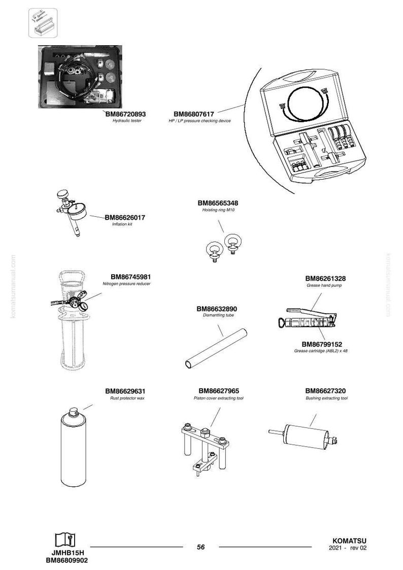 May include: An illustration of various tools and equipment, including a hydraulic tester, pressure checking device, inflation kit, and grease cartridge. The image also features a nitrogen pressure reducer and a rust protector wax container. The text "KOMATSU" and "2021 - rev 02" are visible.