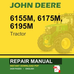 Pode incluir: Capa de um manual de repara&ccedil;&atilde;o de tratores John Deere. A imagem apresenta um trator verde e amarelo sobre um fundo amarelo. O texto inclui "JOHN DEERE", "6155M, 6175M, 6195M" e "Tractor". A faixa inferior diz "REPAIR MANUAL".