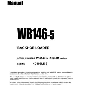 Puede incluir: Una portada de manual de taller blanca con texto negro. El t&iacute;tulo "Shop Manual" est&aacute; en la parte superior, y el n&uacute;mero de modelo "WB146-5" se muestra de forma destacada. Tambi&eacute;n es visible el texto "BACKHOE LOADER".