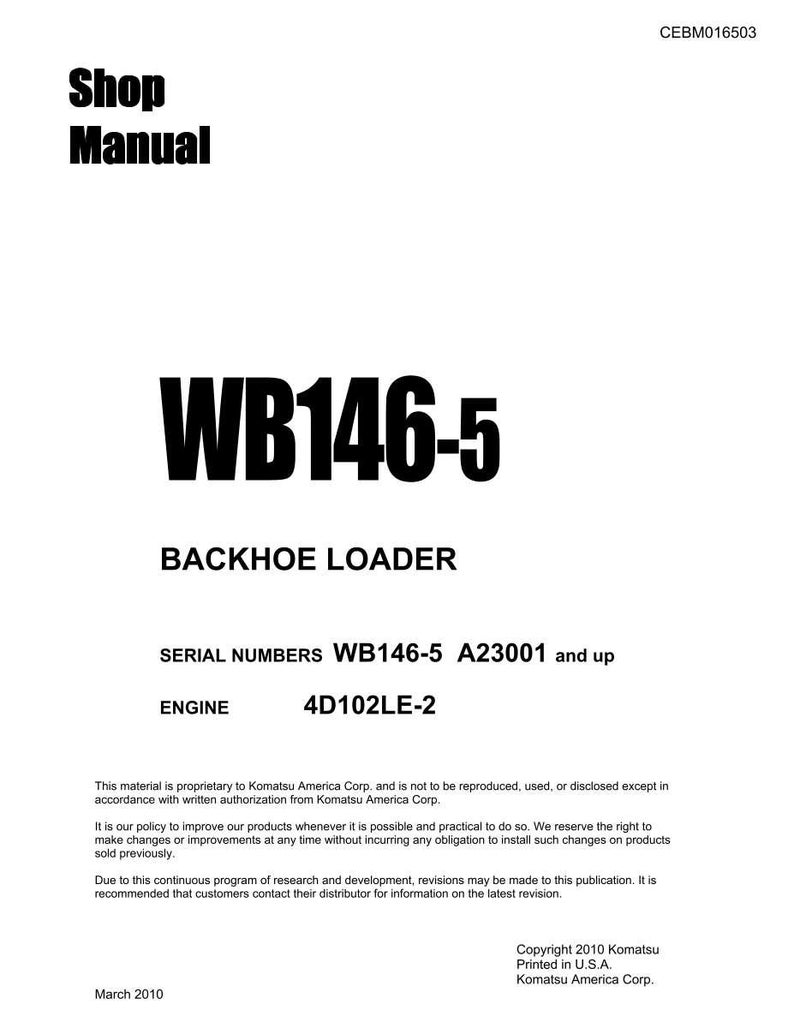 Puede incluir: Una portada de manual de taller blanca con texto negro. El t&iacute;tulo "Shop Manual" est&aacute; en la parte superior, y el n&uacute;mero de modelo "WB146-5" se muestra de forma destacada. Tambi&eacute;n es visible el texto "BACKHOE LOADER".